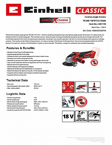 ����� ���� (���) 18V ������ Einhell TC-AG 18/115 LI-SOLO